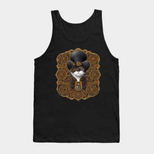 Steampunk Cat in a Top Hat with Gear-filled Background Tank Top